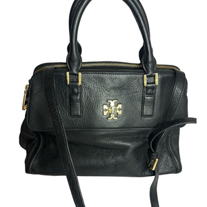 Tory Burch Mercer Double Zip Dome Satchel Two Way Black Pebbled Leather Bag